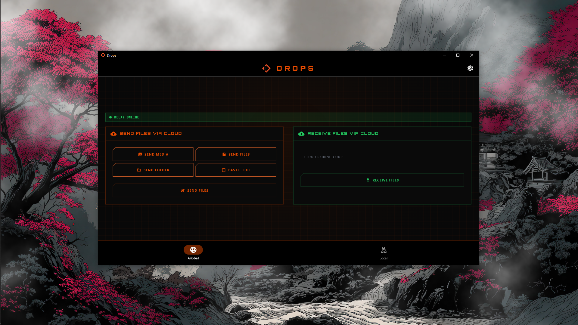 Drops desktop app: local radar, scanning zone, and actions for media, files, folders, and paste.